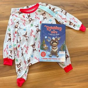 Reindeer in Here Plush Book Holiday Box Set + Matching Kids Pajamas Sz 4 NWT